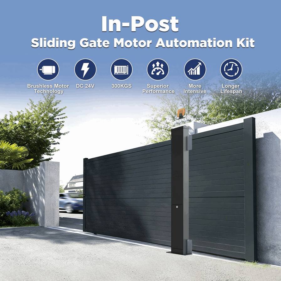 Modern Minimalist Sliding Gate Automation System: Heavy-Duty In-Post Gate Motor with Gear Rack and Rail Kit